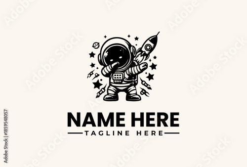 Black and white illustration of an astronaut holding a rocket with stars and text placeholder on a beige background.