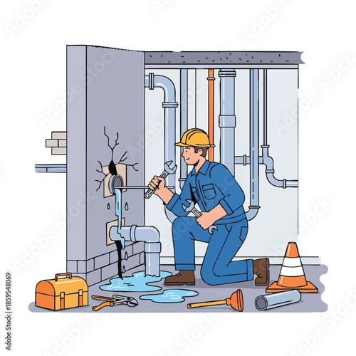Plumber repairing water pipe leak with tool.