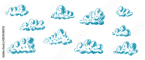 Clouds hand drawn kids set. Vintage doodle sketch blue sky. Retro ink pencil cloudskape. Vector naive ink or crayon illustration collection isolated on transparent background.