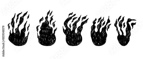 Black fire doodles set. Campfire sketches. Hand-drawn flame icons with brush stroke texture for vintage graphics, creative collage artwork. Vector charcoal burning shapes isolated on transparent.