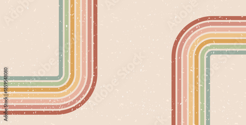 Retro groovy corners lines background. 70s wave path abstract pattern wallpaper. Vector horizontal wide vintage geometric stripes design. Funky trendy banner with curvy playful striped ornament.