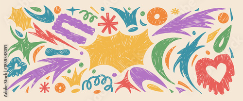 Bang text box and crayon abstract geometric shapes background. Geometry, organic funky abstract hand drawn doodle figures. Collage sticker with stars, arrows, heart shape. Vector handmade illustration