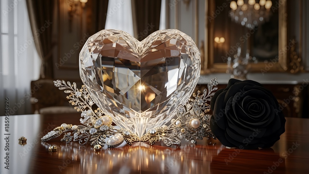 Fototapeta premium A heart shaped christmas decoration on a table with a black rose and gold ornaments