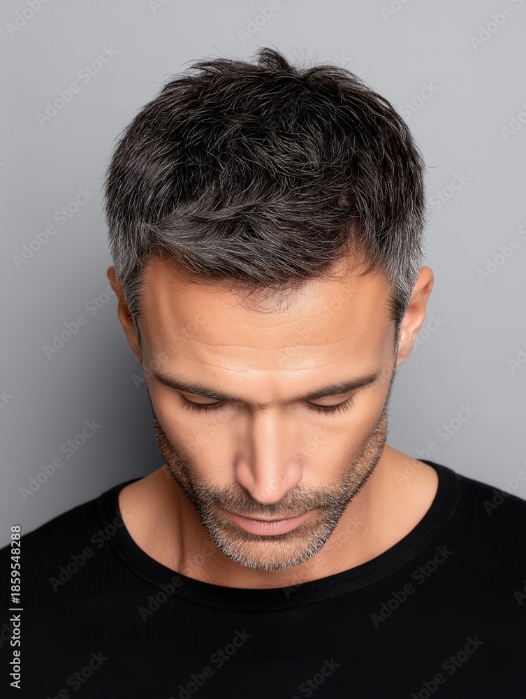 Obraz premium A close-up portrait of a man with short gray hair and a beard, wearing a black shirt. The image conveys a calm and introspective mood.
