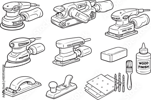 Woodworking Sanding and Finishing Tools Line Art Set eps