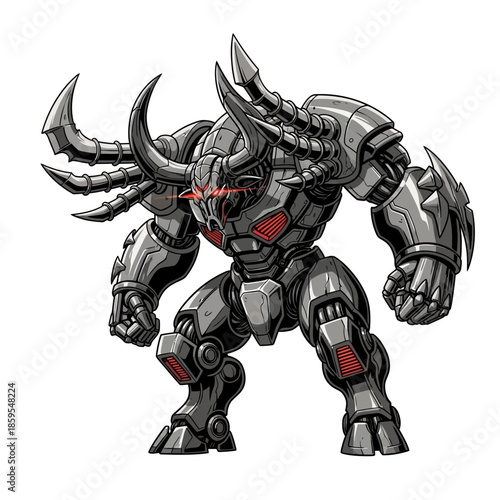 Powerful Mechanical Monster Robot Warrior with Horns and Red Eyes.