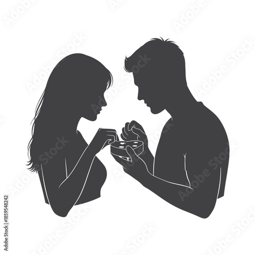 Illustration of silhouette of a romantic couple proposing with a ring in a tender moment, valentine love silhouette vector