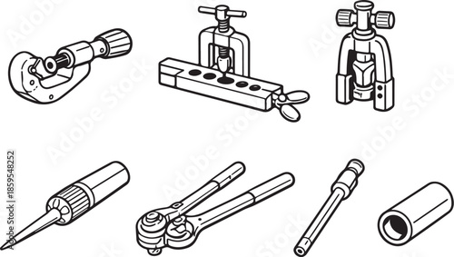 Copper Pipe Cutting and Flaring Tools Line Art Set eps