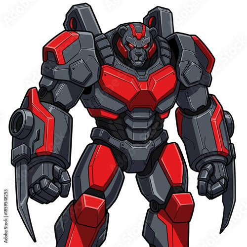 Powerful Robotic Bear Warrior in Red and Gray Armor.