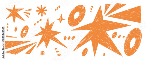 Hand-drawn stars crayon texture shapes. Pastel brush orange cosmos geometric figures, star, triangles, sparks. Playful doodle comet stickers, childish vector graphics, scribbles for collage art.
