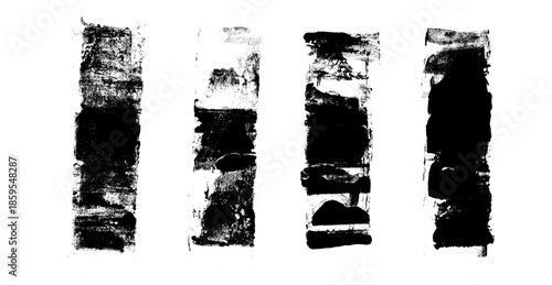 Ink brush stroke grunge underlines. Linocut rolled lines set. Handmade ink rectangle rough stamps. Vector black paint streaks shapes. Graffiti punk rock brayer smear textures Distressed figures.