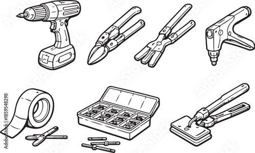 Ductwork Installation Tools Line Art Set eps
