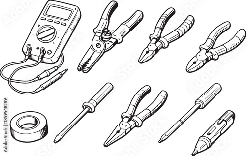 Electrical Repair Tools Line Art Set eps