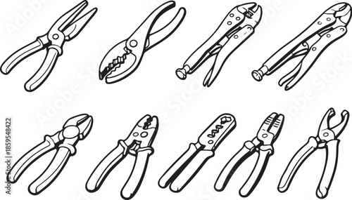 Pliers And Gripping Tools Line Art Set eps