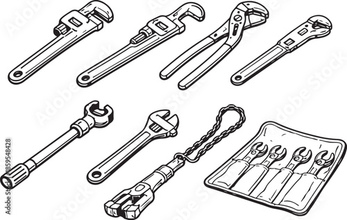 Pipe Wrenches & Spanners Set vector eps
