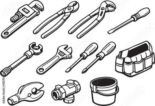 Plumber Core Hand Tools Line Art Bundle eps