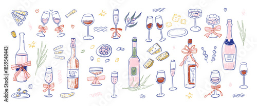 Sketch whimsical wine bottles, glasses crayon elements. Colorful doodle cocktails summer illustrations for bar menu, birthday celebration. Tasting event scribble illustration. Vector wineglasses.