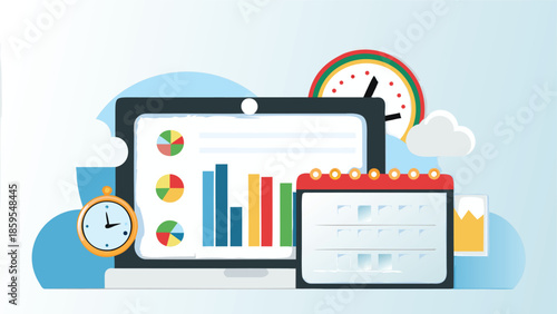 Digital workflow illustration with monitor display, colorful graphs, calendar, and clock on a clean background for business productivity