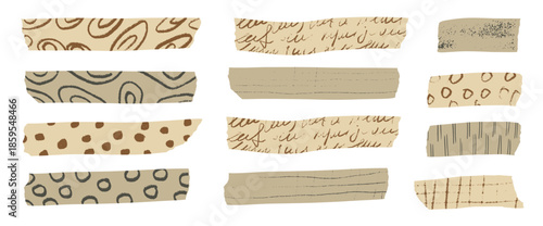 Handmade washi tape collection with decorative paper strips, sticky masking elements, and vintage scrapbook stickers for creative craft projects and journal decoration. Vector beige tags isolated.