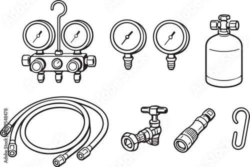 Refrigerant Gauge and Charging Tools Line Art Set eps