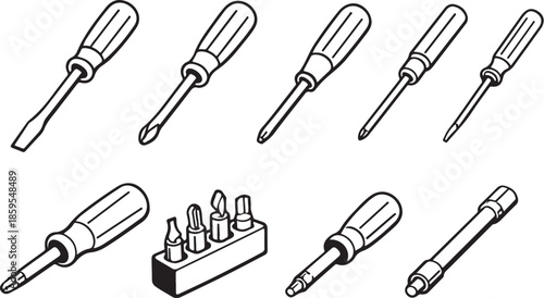 Screwdrivers And Fastening Tools Line Art Set eps