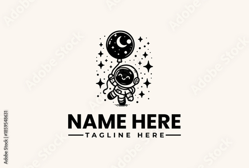 Black and white illustration of a cartoon astronaut standing under a crescent moon and stars, with a placeholder name and tagline in a simple, iconic design.
