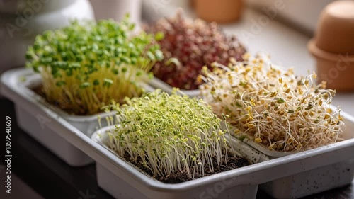 Wallpaper Mural microgreens, Four young potted plants with green and yellow leaves are arranged in tray on blurred domestic surface, suggesting calm and serene setting, gardening, home decor, sustainability., peace, Torontodigital.ca