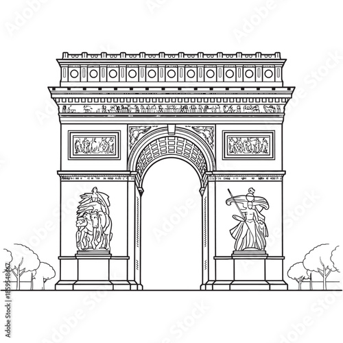 Iconic Parisian historical monument line art drawing for coloring or design projects
