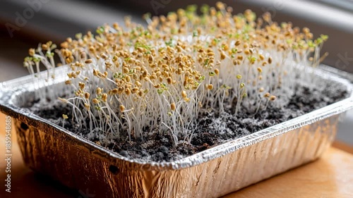 Wallpaper Mural microgreens, tray of young, white sprouts with green tips is shown, reflecting light on aluminum foil tray against blurred dark surface, growth, potential, gardening. Springtime festivity Torontodigital.ca