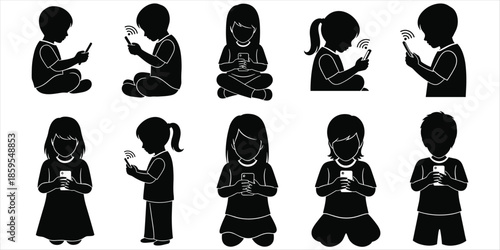 Children Silhouettes Using Smartphones In Various Poses On White Background kids