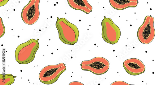 Papaya fruit seamless pattern with sliced tropical shapes and hand drawn dots, playful food background vector illustration