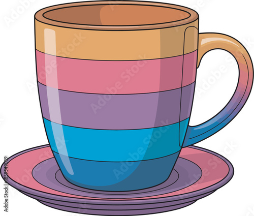 Vibrant horizontally striped ceramic coffee mug and matching saucer for serving hot beverages and delightful sips
