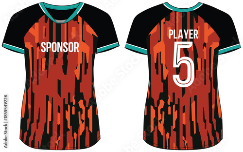 Women Sports Jersey t-shirt design Flat sketch Illustration, Geometric pattern V Neck t shirt for girls and Ladies Volleyball jersey, Football, badminton, Soccer and netball, Sport uniform kit