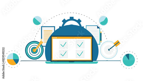 High quality conceptual illustration showing laptop with checkmarks on screen surrounded by business strategy elements and graphs