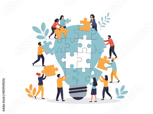 Teamwork assembling light bulb puzzle for innovation and creative solutions