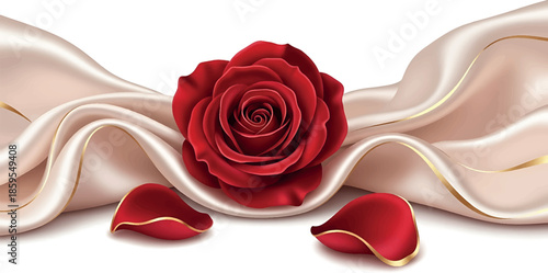 Vector illustration of a red rose with petals and a flowing pink satin ribbon on a white background for Valentine's Day.