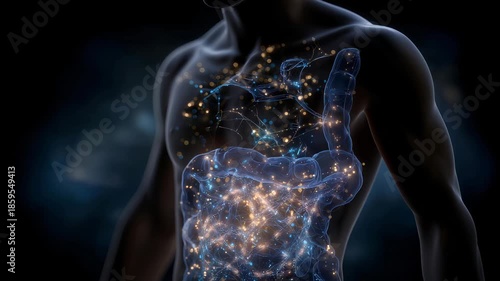 Wallpaper Mural An abstract, glowing representation of gut flora swirling inside a stylized human silhouette, showcasing balance, immunity, and digestive health through color-coded microbial networks — health Torontodigital.ca