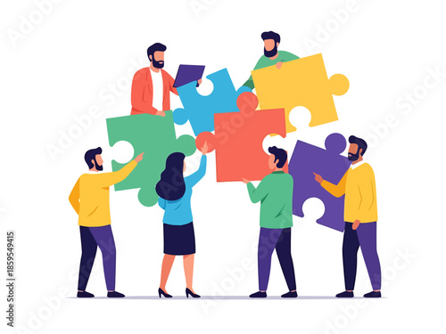 Diverse Team Collaborating to Assemble a Jigsaw Puzzle Representing Business Solutions