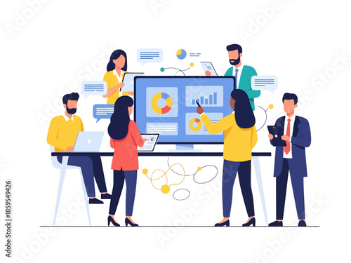 Business Team Collaborating on Data Analysis and Strategy Presentation