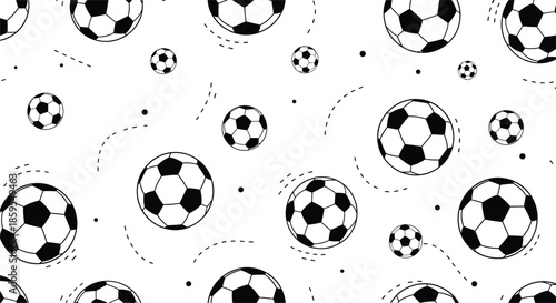 Black and white soccer ball seamless pattern with hand drawn motion lines, minimalist football background vector illustration