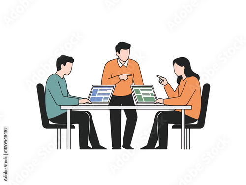 Diverse team collaborating around a table with laptops brainstorming business ideas and planning project strategy