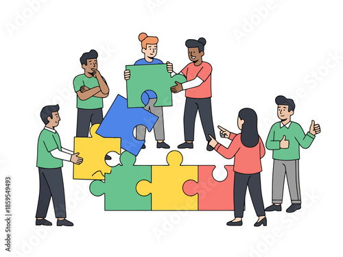 Diverse team collaborates on a complex puzzle symbolizing unity and problem solving