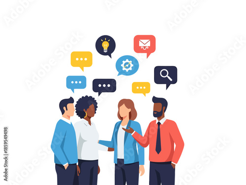 Diverse group discussing ideas and communication through social media and digital channels