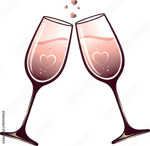 Vector illustration of two wine glasses with hearts on a white background, clinking together in a valentine celebration with pink liquid and hearts rising.