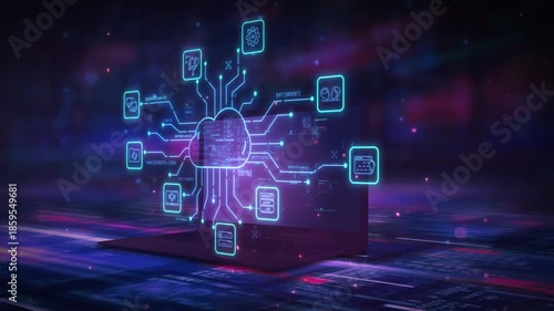 Cloud computing data network connecting laptop with various services