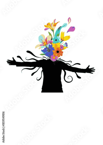 Surreal Silliness Silhouette of Person with Flower Head for Creative Growth and Mental Blooming Happiness Abstract Psychology Concept Illustration