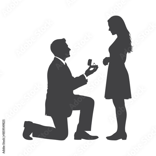 Illustration of man proposing to woman with ring in silhouette on, valentine love silhouette vector