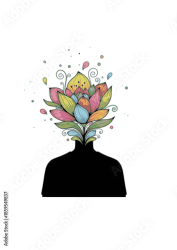 Surreal Silliness Silhouette of Person with Flower Head for Creative Growth and Mental Blooming Happiness Abstract Psychology Concept Illustration