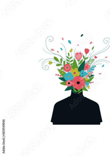 Surreal Silliness Silhouette of Person with Flower Head for Creative Growth and Mental Blooming Happiness Abstract Psychology Concept Illustration