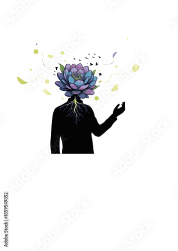 Surreal Silliness Silhouette of Person with Flower Head for Creative Growth and Mental Blooming Happiness Abstract Psychology Concept Illustration